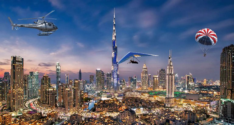 Dubai adventure helicopter quad bike Burj Khalifa skyline