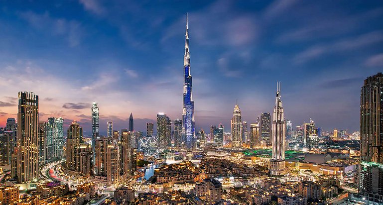 Dubai city skyline at night Burj Khalifa city tour